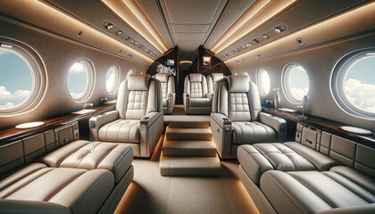 Obraz premium Luxurious salon in light colors made of genuine leather in a business jet 
