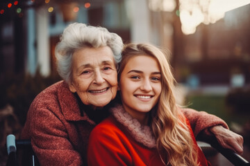 Teenage granddaughter hugs old grandmother at home. Blurred background. Family moment and grandma. - Powered by Adobe
