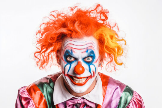 Portrait of a scary crazy looking maniac killer clown with make-up and big red nose with colorful hair and joker outfit. Isolated on white background.