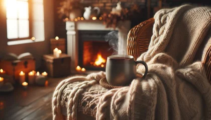 Schilderijen op glas A mug of hot tea stands on a chair with a woolen blanket in a cozy living room with a fireplace. Cozy winter day © Micaela