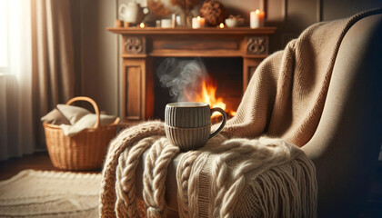 Obraz na płótnie Canvas A mug of hot tea stands on a chair with a woolen blanket in a cozy living room with a fireplace. Cozy winter day 