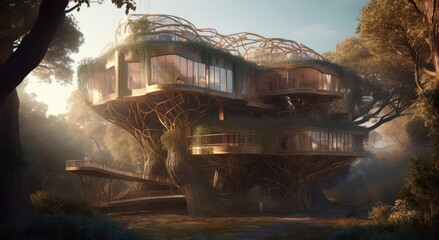fururistic tree house surrounded by greenery. Created with Generative AI.