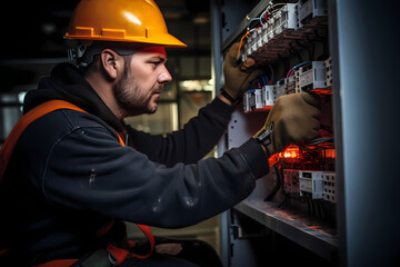 Male commercial electrician at work on a fuse box - obrazy, fototapety, plakaty