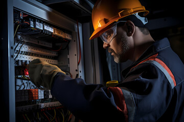 Male commercial electrician at work on a fuse box