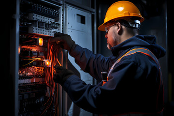 Male commercial electrician at work on a fuse box