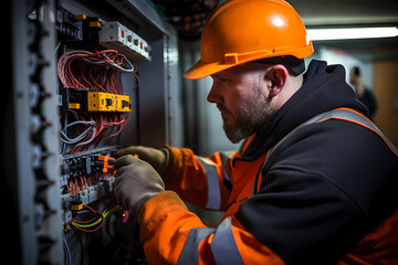 Male commercial electrician at work on a fuse box