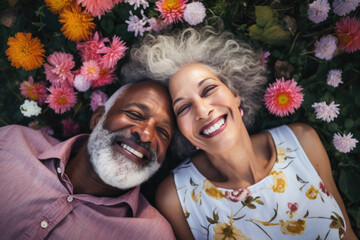 Happy diverse senior couple lying on grass with flowers. - Powered by Adobe
