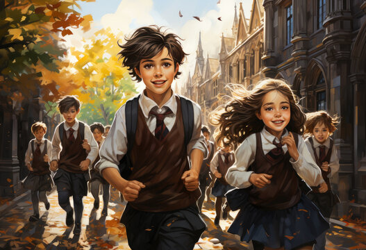 Group of kids running in front of school