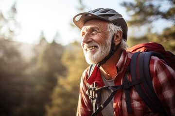 Obraz premium Outdoors portrait of smiling senior man wearing sports helmet.