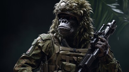 Fototapeta na wymiar Gorilla dressed as a war soldier. Created with Generative AI.