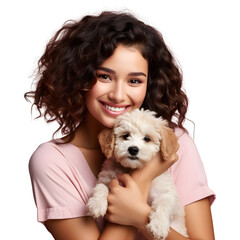 Happy young woman with hugging cute puppy, smiling as pet owner holding dog with love and care in...