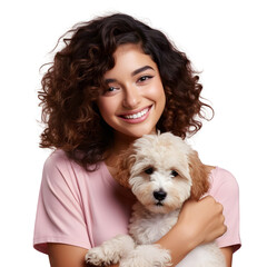 Happy young woman with hugging cute puppy, smiling as pet owner holding dog with love and care in studio, isolated on transparent background Generative AI