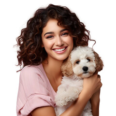 Happy young woman with hugging cute puppy, smiling as pet owner holding dog with love and care in studio, isolated on transparent background Generative AI