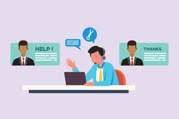 Man during work calls. Customer service and support concept. Colored flat vector illustration isolated.