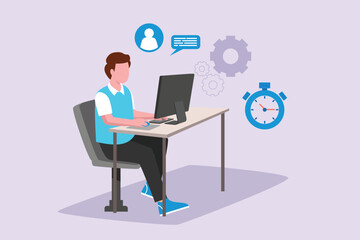 Fototapeta na wymiar Man during work calls. Customer service and support concept. Colored flat vector illustration isolated.