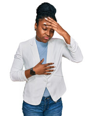 Young african american woman wearing business clothes touching forehead for illness and fever, flu and cold, virus sick