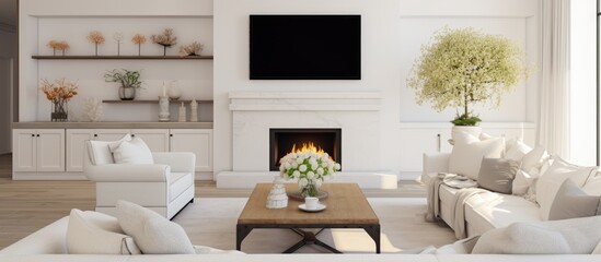 Luxurious living room with fireplace, TV, white couch, and decorative wooden table with flowers.