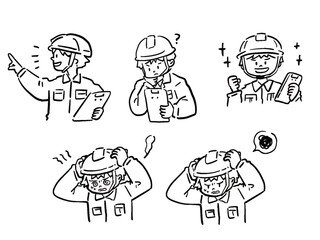 いろいろな現場作業員の手描き風イラストセット　線画　バストアップ