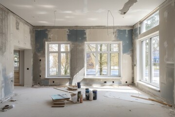 Renovation and modernization with flattened drywall walls in a condo room. Generative AI.. - obrazy, fototapety, plakaty