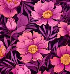 Floral seamless pattern with yellow, violet, and pink flowers. 