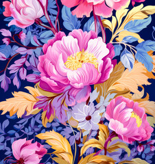 Floral seamless pattern with yellow, violet, and pink flowers. 