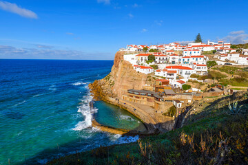 Cliffside view of the scenic seaside town of Azenhas do Mar, Portugal, along the Atlantic coast of...
