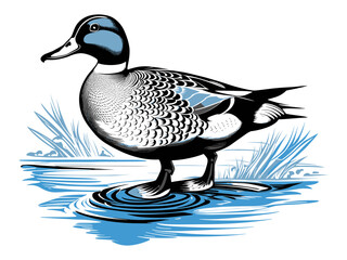 A Male Duck standing in the Sparkling Waters, against white background 