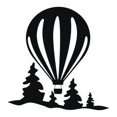 Hot air balloon flying over the landscape, black and white vector logo design, isolated against white background, ¥