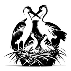 A black vector design of  two stork with baby`s in the nest, black vector design against white background 
