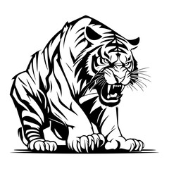 A Majestic Black and White Tiger Roaring, black vector design against white background 