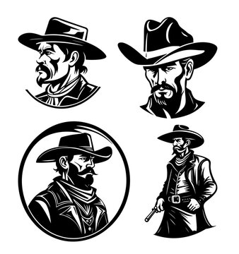 Four old style of fearless cowboys, black vector design against white background 