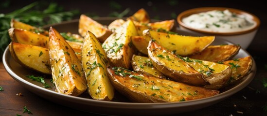 Golden oven roasted potato wedges served with a rustic, selective focus white garlic and herb dipping sauce on a plate. - obrazy, fototapety, plakaty