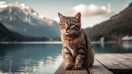cat standing on the dock of a lake. Created with generative AI. - obrazy, fototapety, plakaty