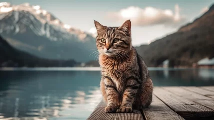 Fotobehang cat standing on the dock of a lake. Created with generative AI. © lchumpitaz