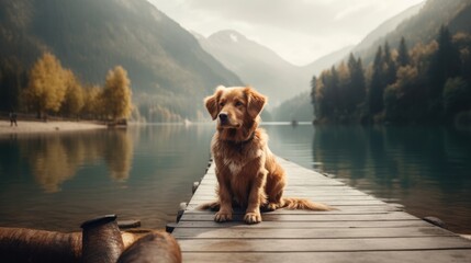 dog standing on the dock of a lake. Created with generative AI. - obrazy, fototapety, plakaty