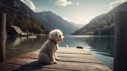 Schilderijen op glas dog standing on the dock of a lake. Created with generative AI. © lchumpitaz