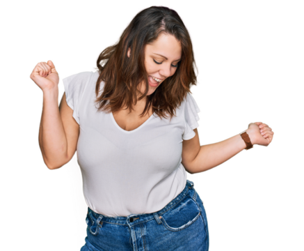 Young plus size woman wearing casual white t shirt dancing happy and cheerful, smiling moving casual and confident listening to music - Powered by Adobe