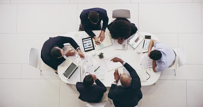 Top view, tablet or business people in meeting for data analytics, planning or research in office. Project management, teamwork or group collaboration on tech for agenda, documents or online feedback