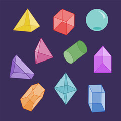 Set of various geometric shapes. Isometric view. Hand drawn vector illustration isolated on purple background. Modern flat cartoon style