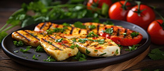 Grilled halloumi with tomatoes and parsley.