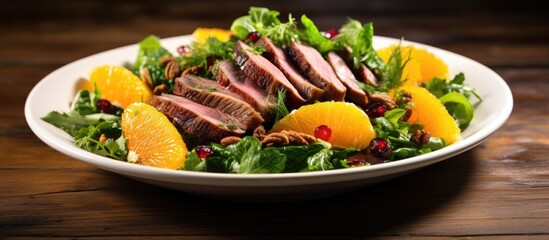 Duck, greens, and oranges salad.