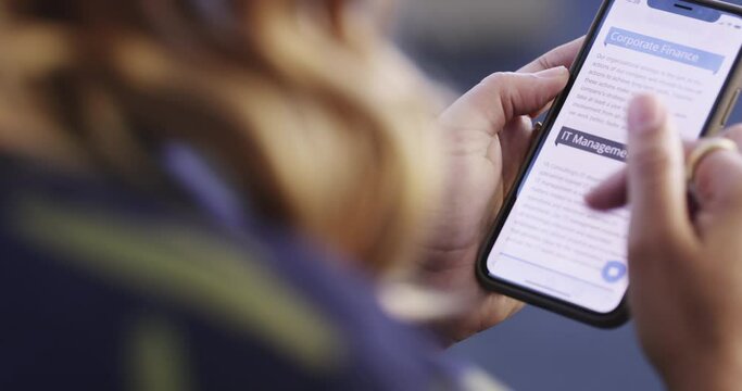 Hands, phone or website for business, consulting information or company news homepage. Woman, corporate development or closeup of mobile app screen to scroll online with ui or ux design on internet