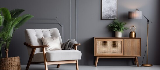 Stylishly decorate living room with chic chair, wooden desk, plants, cube, lamp, mock up poster frame, macrame, and elegant accessories. Gray walls.