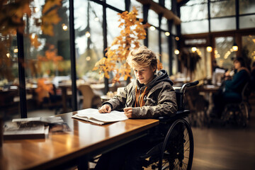 Obraz premium A disabled boy in a wheelchair studying in a library.