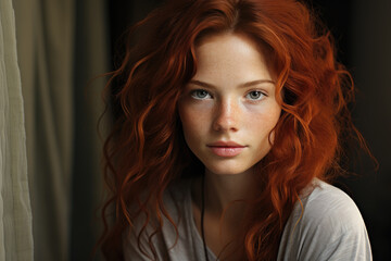 Naklejka premium Young girl with red hair sitting in her room