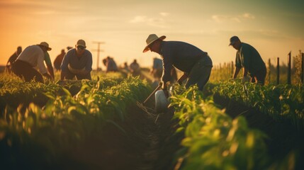 A Group of Farmers Working Together in a Field - obrazy, fototapety, plakaty