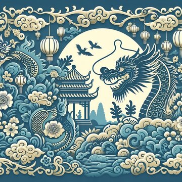 Chinese dragon papercut style background with for new year 2024 animal year. Chinese translation Chinese year of the dragon created with generative ai