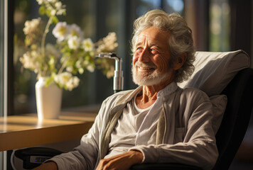 Mature old man looking through the window hospital