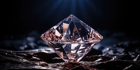 Mineral stone diamond close up on a dark background, horizontal shot of a diamond. Generative AI
