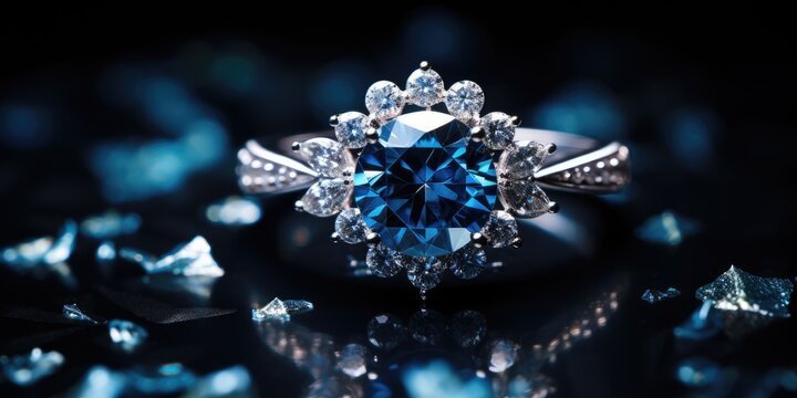 Gorgeous beautiful ring with blue sapphire and diamonds on a dark background. Generative AI